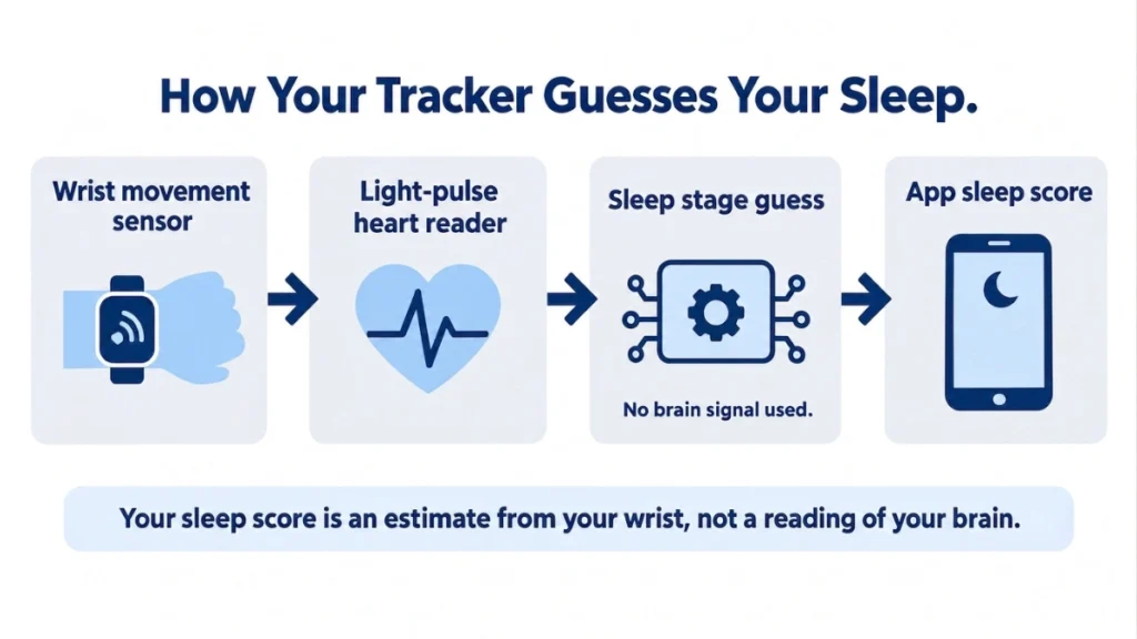 Process diagram of wrist sleep tracker signal flow demonstrating how movement and pulse become a sleep stage estimate, with arrows showing each step from wrist to app score.