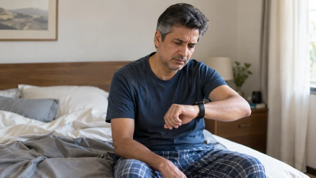 Man in his 50s sitting on bed edge in morning light examining his wrist sleep tracker with a skeptical expression after waking.
