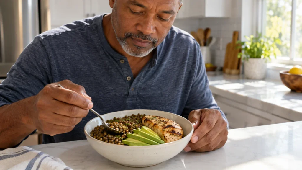 Black man in his 50s eating a lentil, avocado, and grilled chicken bowl to fuel steady afternoon energy.