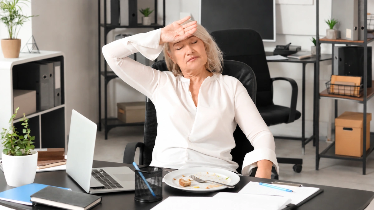Woman in her 50s slumped at her desk after lunch, eyes heavy from a food coma energy crash.
