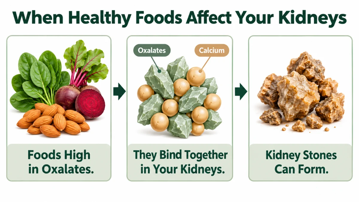 Infographic showing how high-oxalate foods like spinach, beets, and almonds can bind with calcium in the kidneys to form kidney stones after 50.