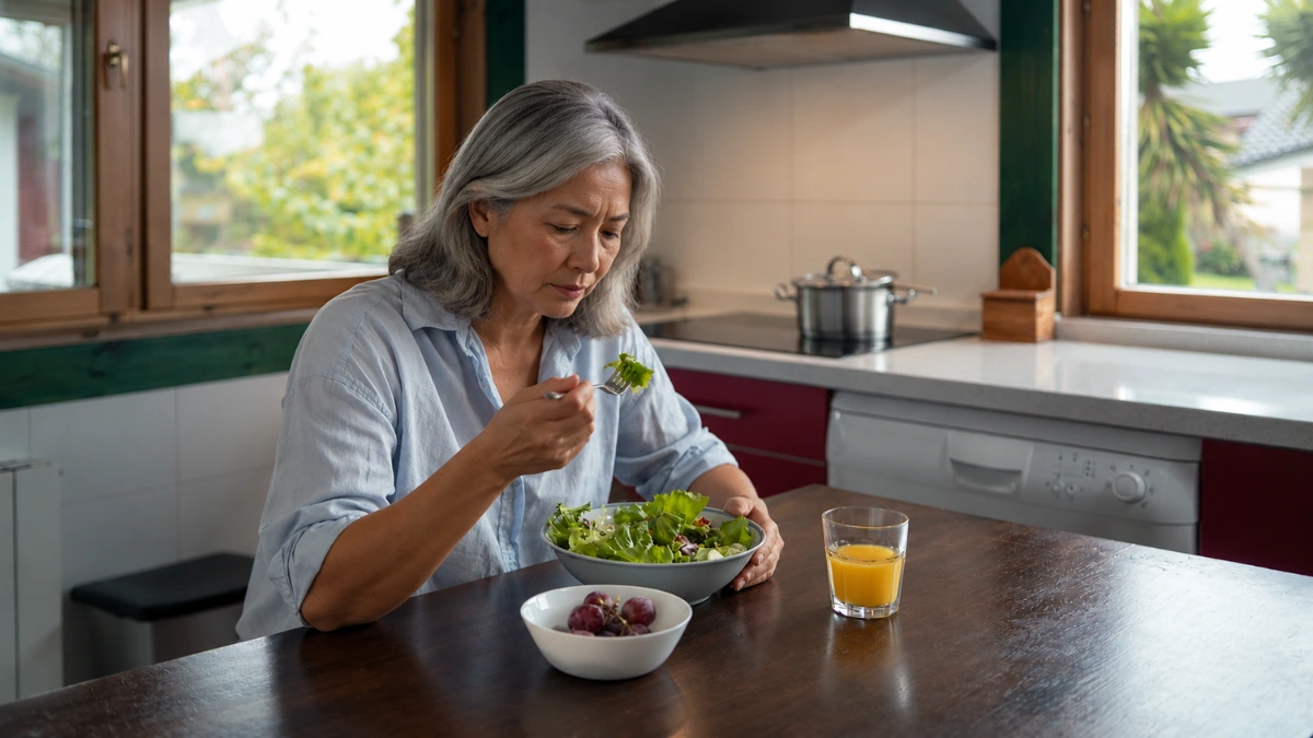 Woman in her 50s eating a green salad at her kitchen table with a concerned expression, representing hidden kidney stone risk from healthy diets after 50.
