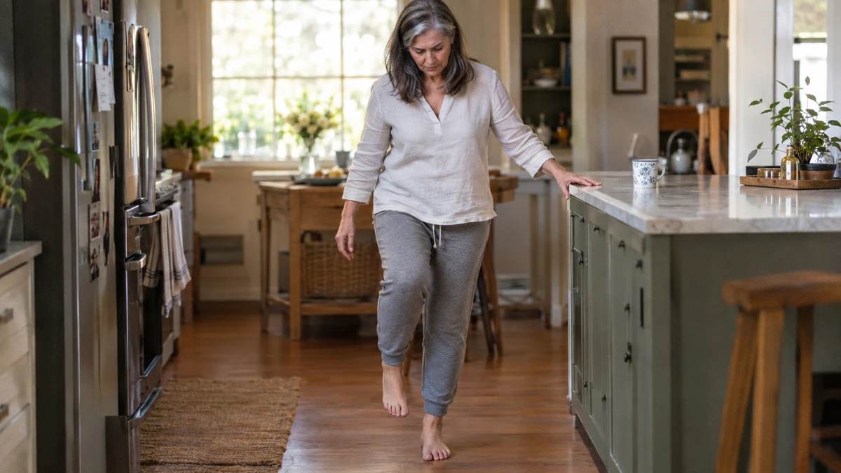 A woman in her 50s standing barefoot in her kitchen, attempting a one-leg balance test with her hand lightly resting on the counter for support.