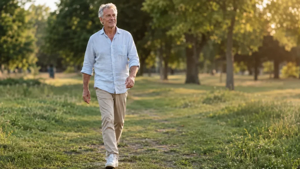 A man in his 60s walking steadily along a grassy park path in warm evening light, representing functional balance and active independence after 50.