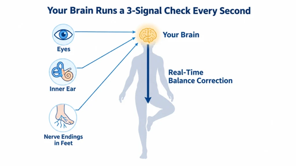 Diagram showing how the brain processes three balance signals from the eyes, inner ear, and nerve endings in the feet to send real-time balance corrections to the body.