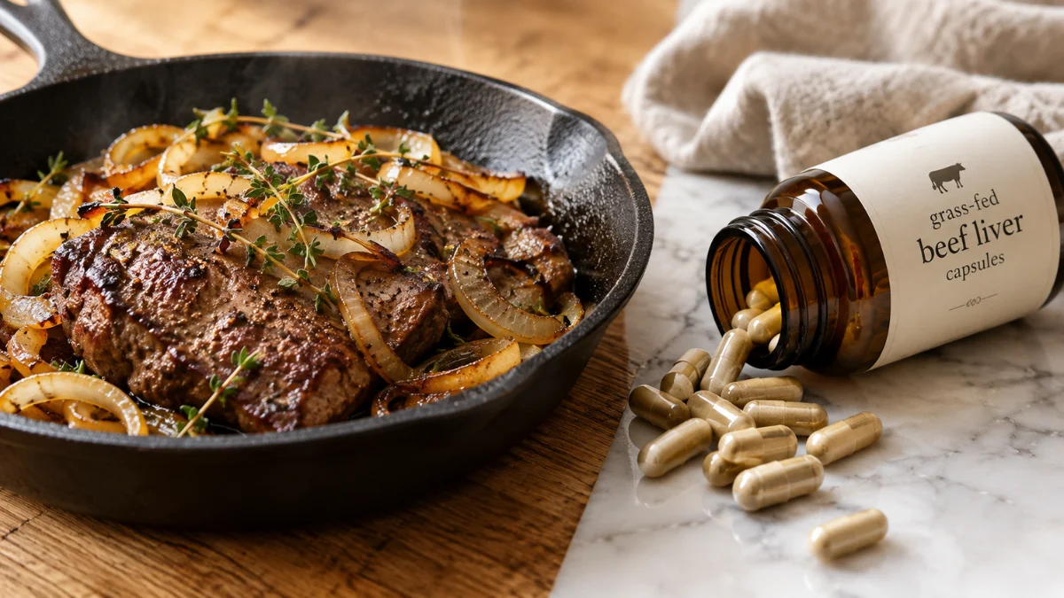 Cast iron skillet with seared beef liver and caramelized onions next to a grass-fed beef liver capsules bottle on marble surface.