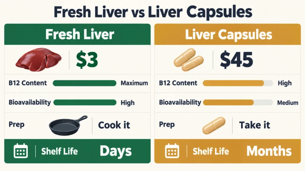 Comparison chart showing fresh beef liver at $3 with maximum B12, high bioavailability and days shelf life versus liver capsules at $45 with high B12, medium bioavailability and months shelf life.
