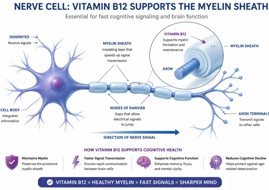 Diagram of a nerve cell showing the myelin sheath being supported by Vitamin B12 to maintain fast cognitive signaling.