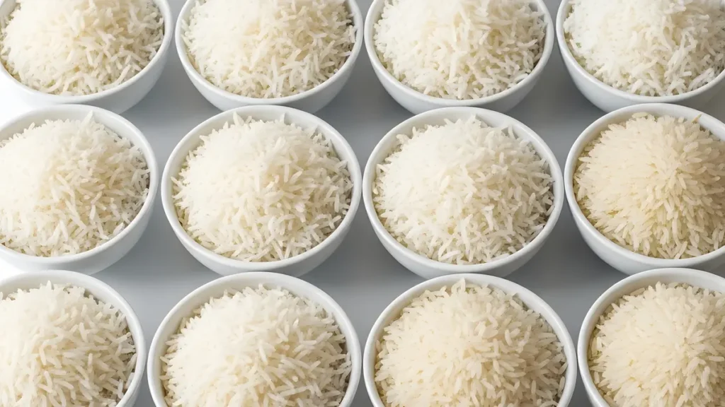 A organized top-down grid of multiple small white bowls filled with portioned cooked rice to represent weekly meal prep.