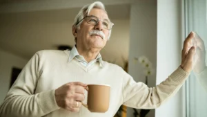 Mature man holding a coffee mug and looking out the window while reflecting on retirement identity loss.