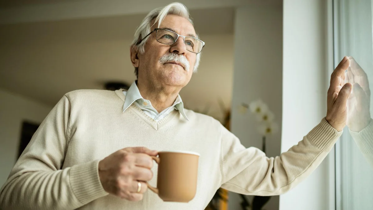 Mature man holding a coffee mug and looking out the window while reflecting on retirement identity loss.