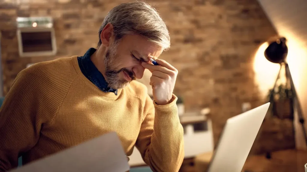 Mature man holding a document and pinching the bridge of his nose in frustration at his laptop desk, illustrating how high-stress demands exhaust the prefrontal cortex and cause short-term memory lapses.