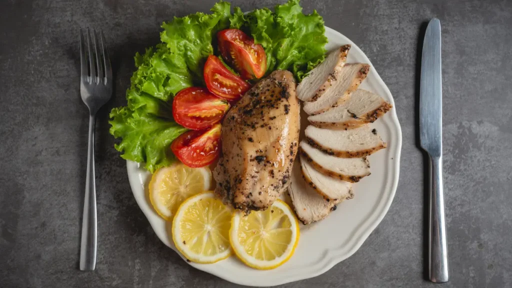 Sliced grilled chicken breast with vegetables on a plate, showing a leucine-rich meal that meets the protein threshold for muscle repair after 50.