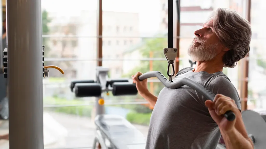 An older man using a cable machine at the gym, illustrating how regular resistance training keeps muscle repair cells active after 50.