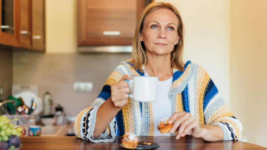 Mature woman sitting at a kitchen counter holding a coffee mug with a flat, distant expression to recognize a quiet absence of feeling from midlife depression symptoms.