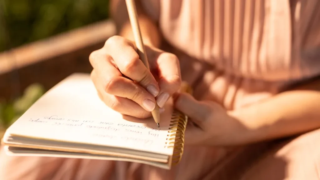 Close-up of a woman's hands tracking midlife health symptoms in a paper journal to organize clinical information before her doctor appointment.
