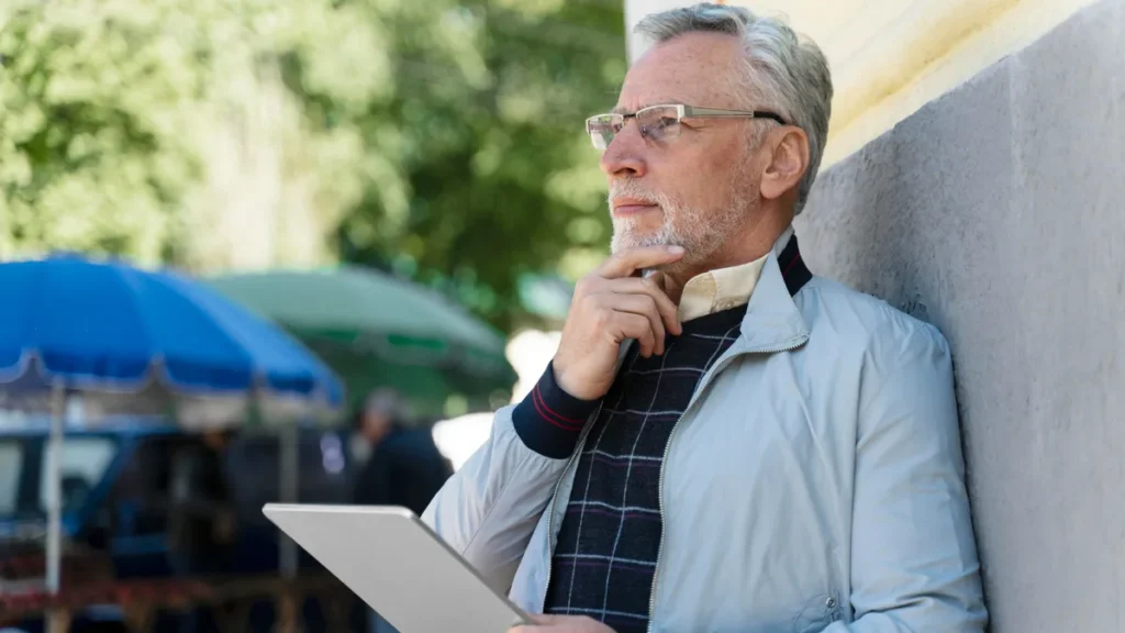Older man holding a digital tablet outdoors, looking thoughtful while researching possible sciatica symptoms and relief options after 50.