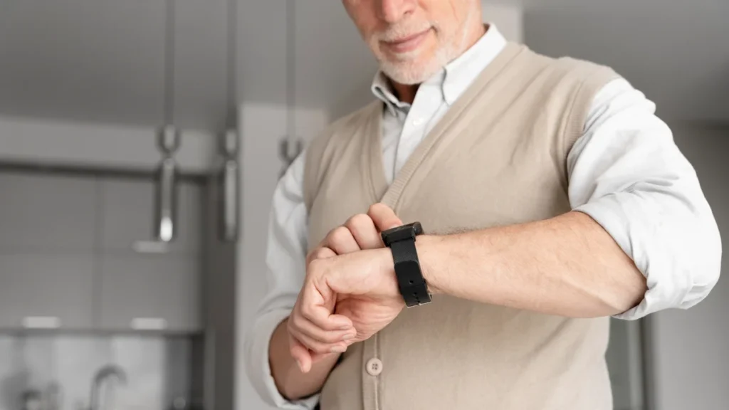Mature man checking his smartwatch in a quiet kitchen, recognizing a habitual need for structure.