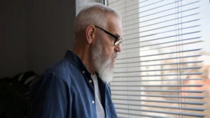 Thoughtful older man peering through window blinds to manage the internal tension of loneliness and heart health after 50.