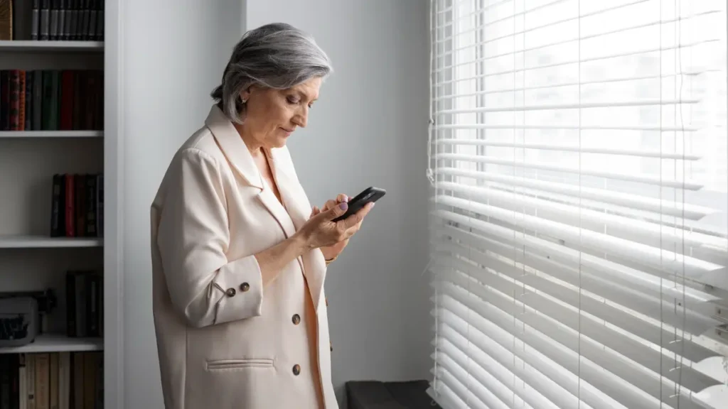 Mature woman standing by a window in her home, looking down at her phone with a calm and composed expression as she prepares to call her doctor about concerning memory changes.