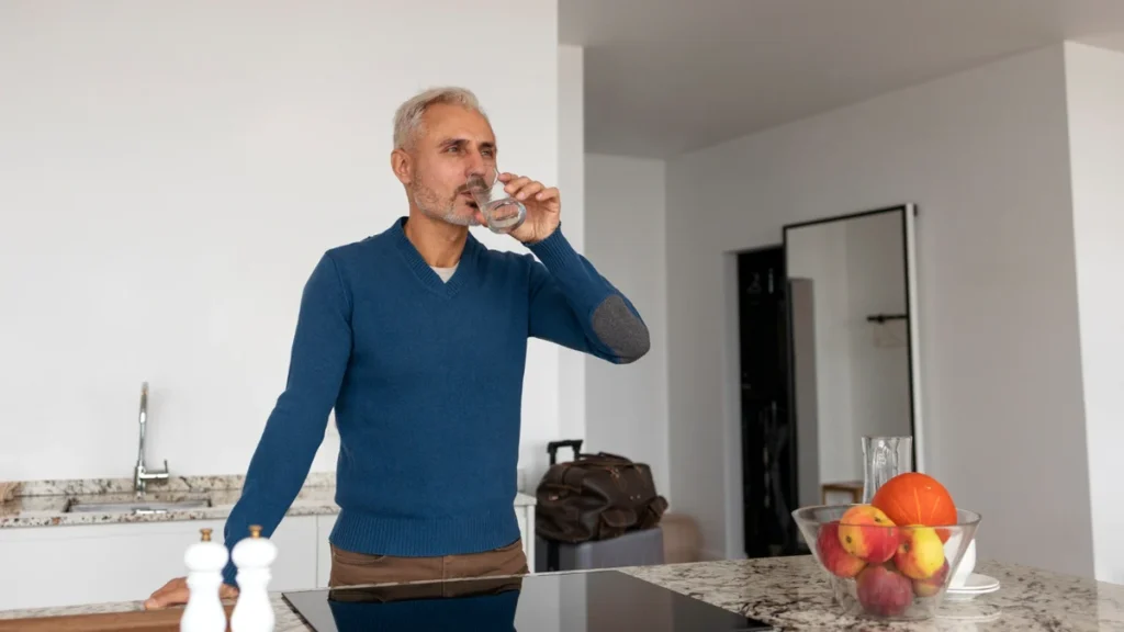 Mature man drinking a fresh glass of water in a bright kitchen to combat age-related transepidermal water loss and support deep tissue hydration from within.