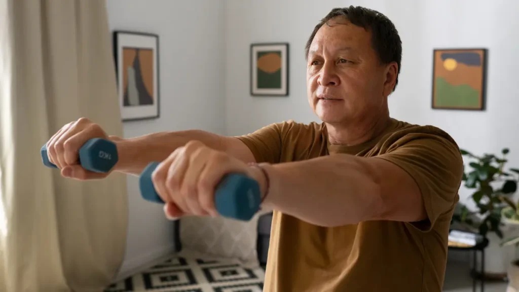 A mature man maintaining strict form during a slow dumbbell exercise to maximize time under tension in a bright home setting.