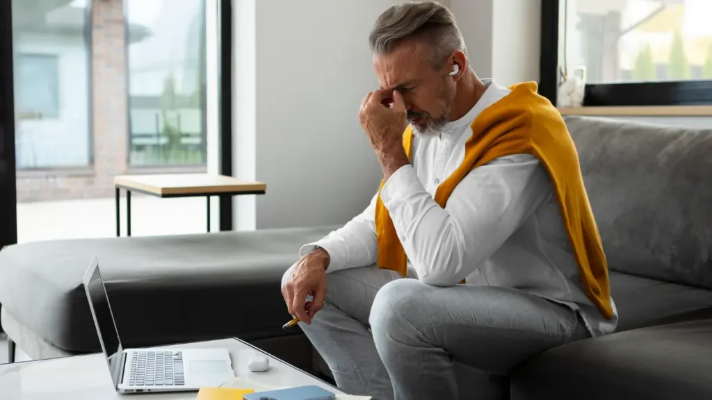 Mature man pinching the bridge of his nose in fatigue while working on a laptop during a mid-morning blood sugar drop.