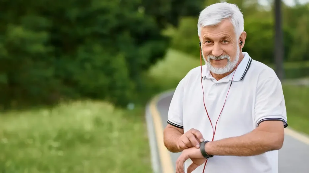 Older man checking his smartwatch while exercising outdoors, showing how daytime activity helps lower cortisol and improve sleep.