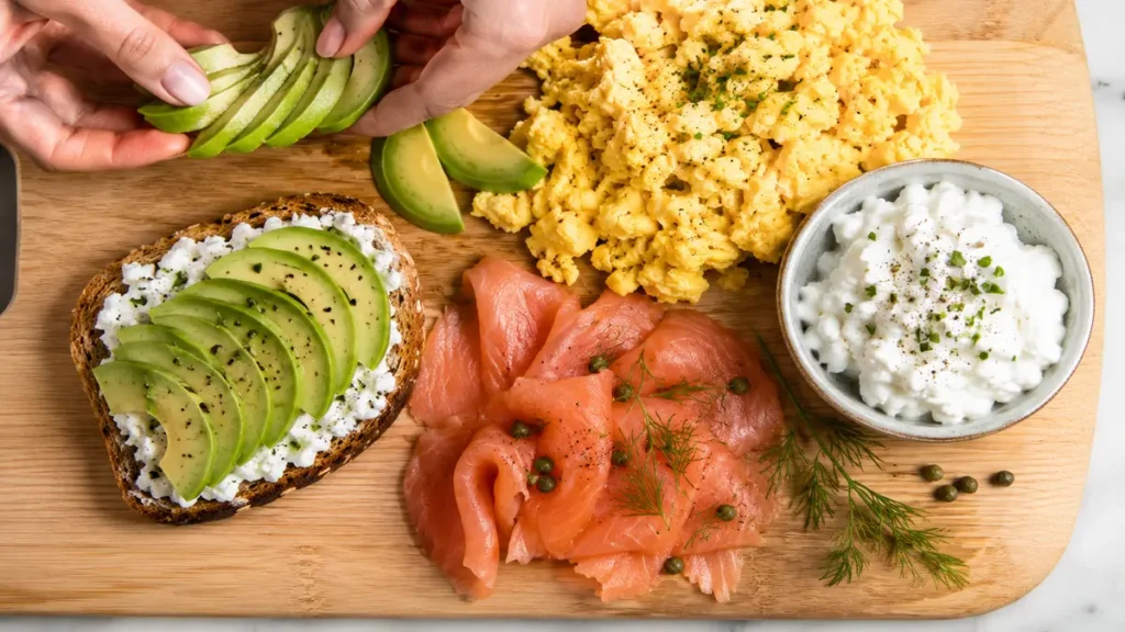 Hands preparing a high-protein breakfast platter with scrambled eggs, cottage cheese, avocado, and smoked salmon on a wooden board to slow digestion and support glp-1 hormone release.