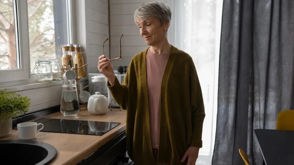 Mature woman standing in her kitchen holding up a found pair of reading glasses with a calm, slightly amused expression, illustrating the relatable everyday forgetfulness that is normal for adults over 50.