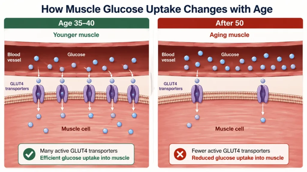 Two-panel diagram comparing GLUT4 transporter activity in younger muscle versus aging muscle after 50, showing fewer active transporters and reduced glucose uptake into muscle cells with age.