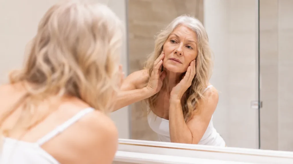 White woman in her late 50s pressing both hands to her cheeks while examining her reflection, noticing skin texture and firmness changes that moisturizers and serums have not improved.