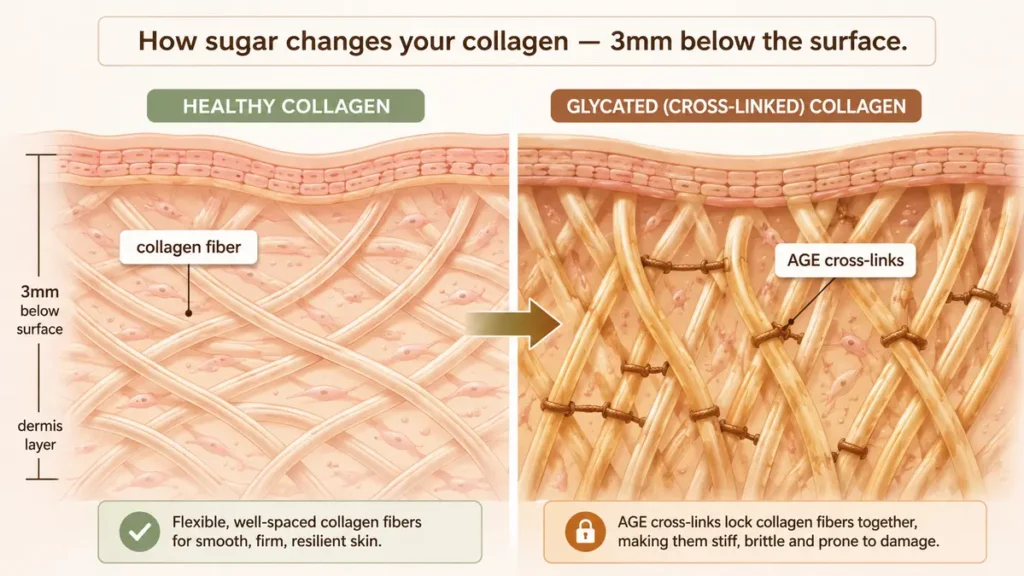 Two-panel diagram of collagen cross-linking from glycation demonstrating how AGE compounds lock and stiffen collagen fibers in the dermis, with labeled comparison between flexible healthy fibers and rigid cross-linked fibers at 3mm below the skin surface.