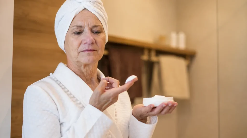 Woman in her early 60s in a bathroom robe holding an open skincare cream jar with a quiet, doubtful expression, reflecting the limits of topical moisturizers for reaching collagen glycation damage below the skin surface.