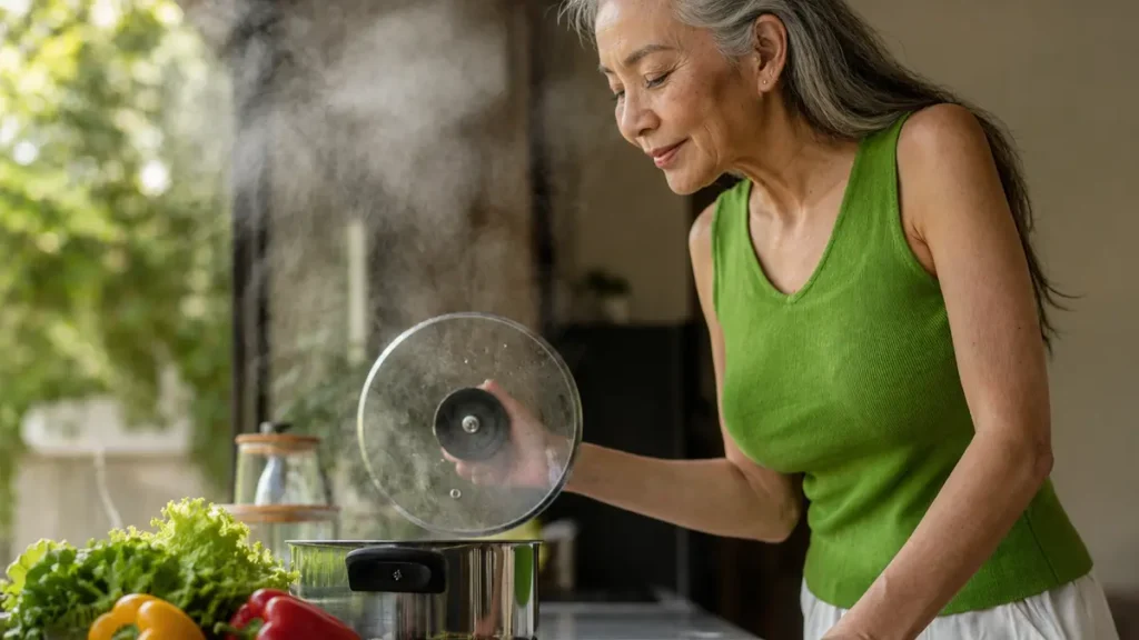 Woman in her late 50s lifting a steaming pot lid in a bright kitchen surrounded by fresh vegetables, choosing water-based cooking to reduce dietary AGE load and protect collagen from within.