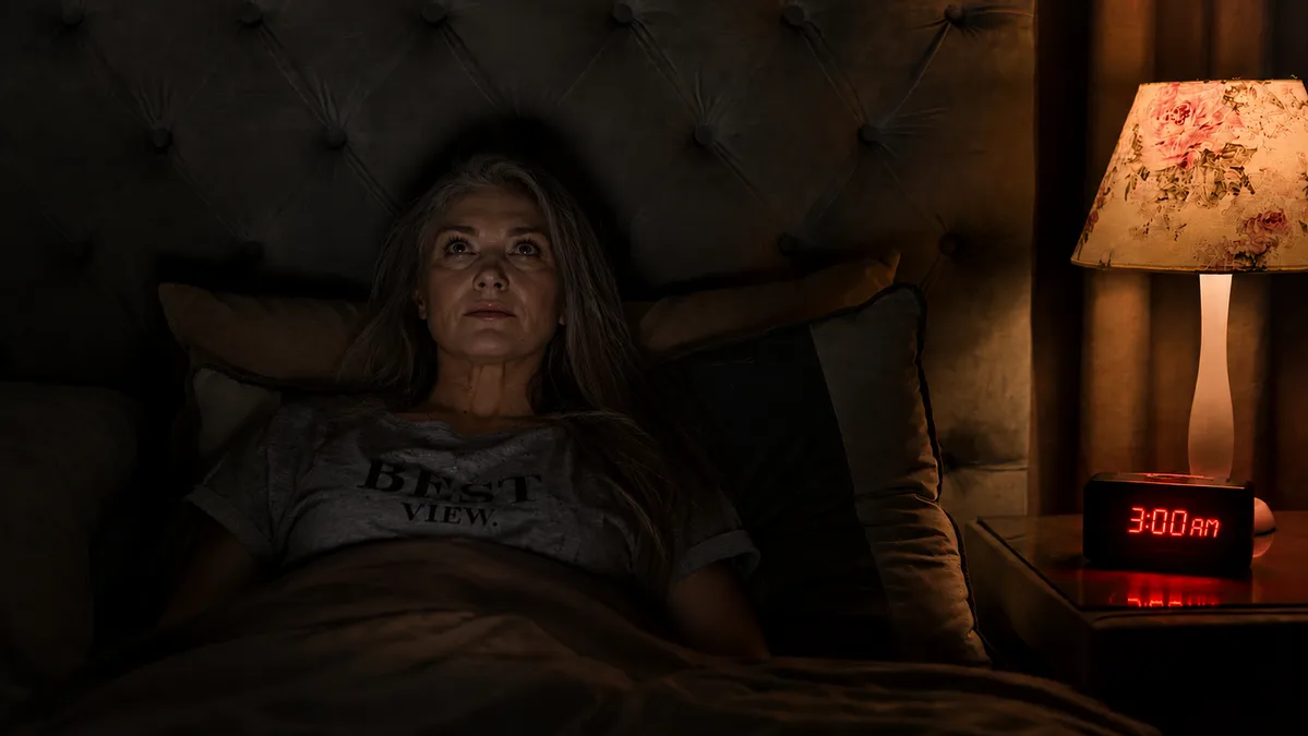 Woman in her late 50s lying wide awake in a dim bedroom at 3 AM, reflecting the cortisol-driven sleep disruption that intensifies after 50.