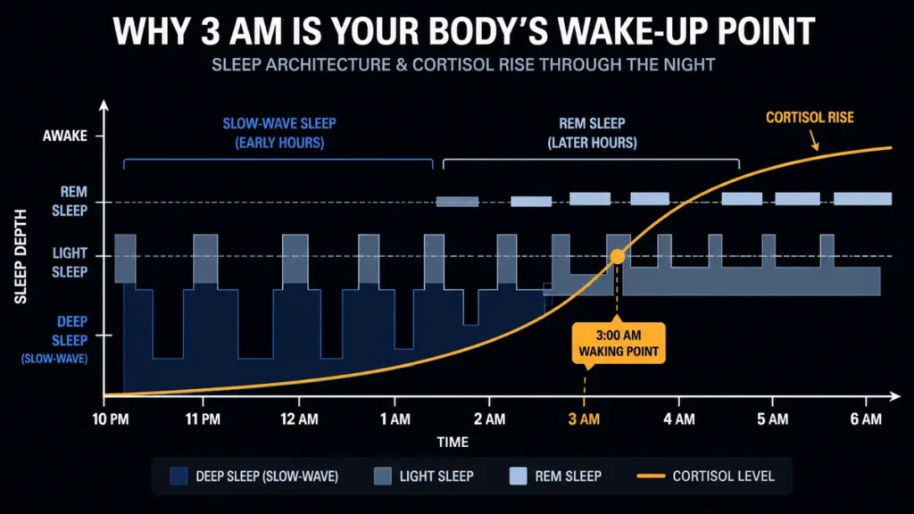 Diagram of nighttime sleep stages demonstrating how slow-wave sleep concentrated in early hours gives way to lighter REM sleep by 3 AM, with a rising cortisol curve overlay and a labeled marker showing when waking occurs.