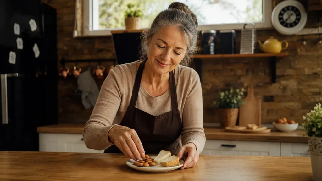 Woman in her late 50s arranging nuts and cheese on a small plate at a dim kitchen counter before bed, stabilizing overnight blood sugar to reduce the nighttime cortisol surge.