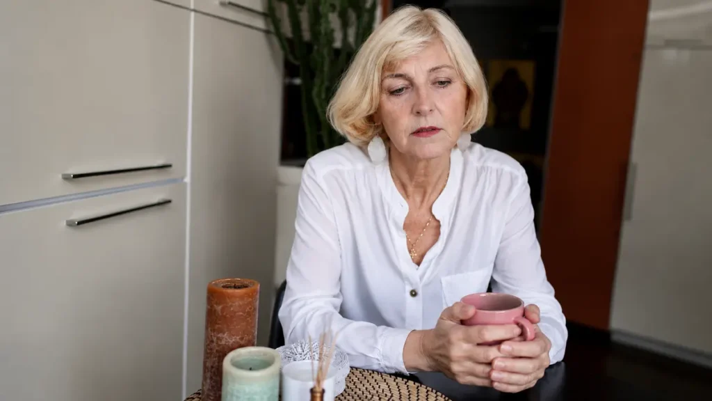 Woman in her early 60s sitting at a kitchen table with an untouched coffee mug, reflecting the brain fog and daytime fatigue that follow a night of fragmented sleep after 50.