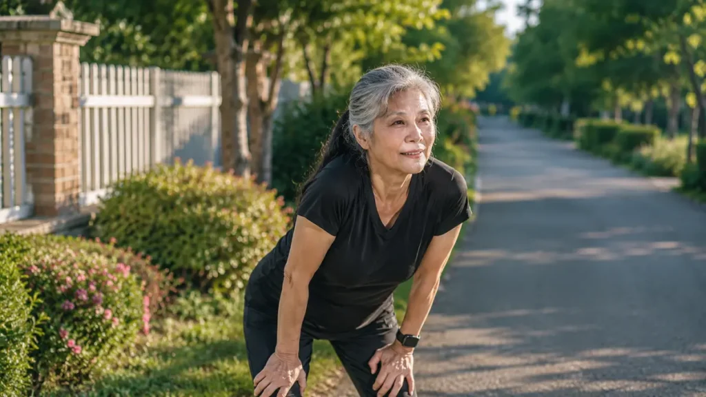 An older woman leans forward with hands on her knees to catch her breath during a brisk walk, showing a realistic moment of moderate-intensity aerobic exercise near her front yard.