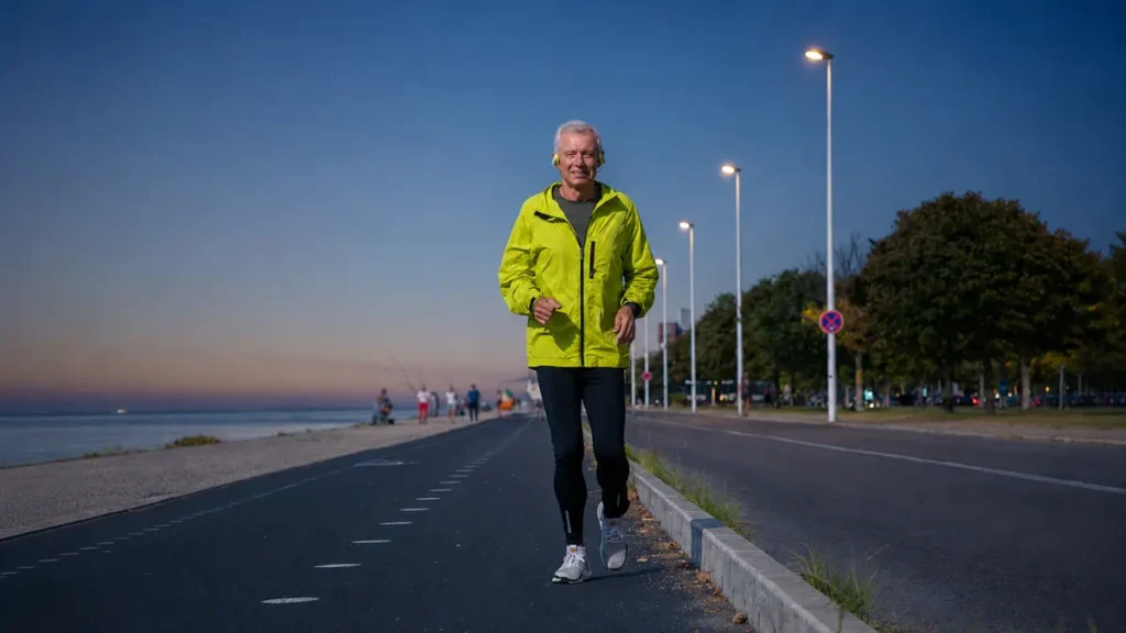 A senior man jogging along a waterfront promenade at dusk, representing a deliberate walk or light jog before dinner to support memory consolidation.