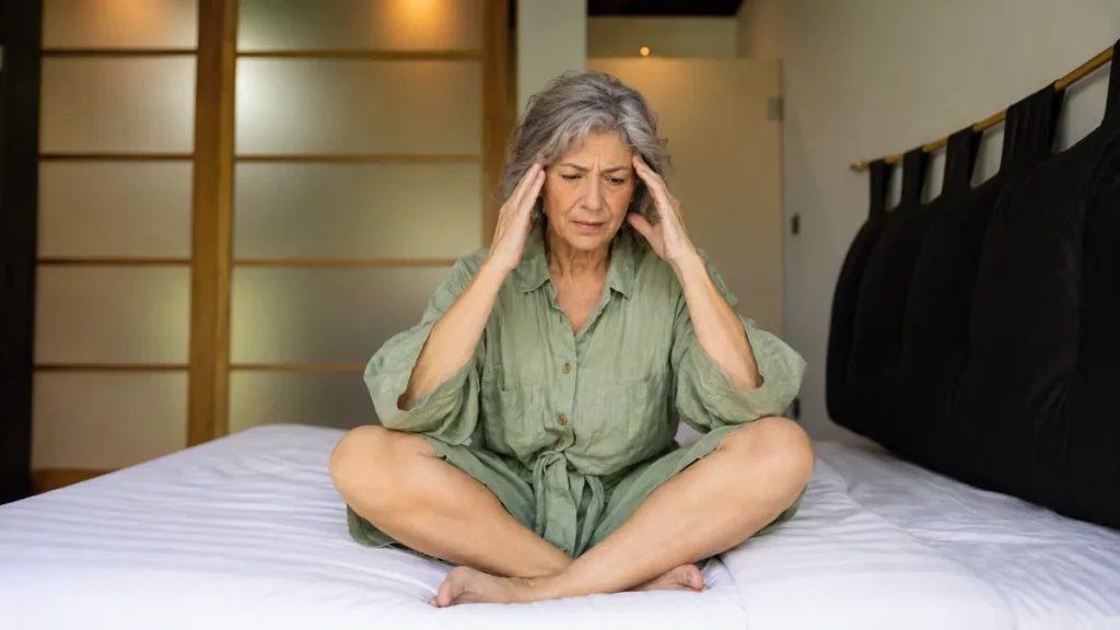 Older woman sitting on bed after waking, appearing anxious and overwhelmed, illustrating morning anxiety after age 50.