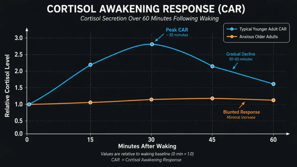 Diagram of the cortisol awakening response comparing a typical younger adult hormone spike peaking at 30 minutes versus the blunted, near-flat cortisol output seen in anxious older adults over sixty minutes post-waking.