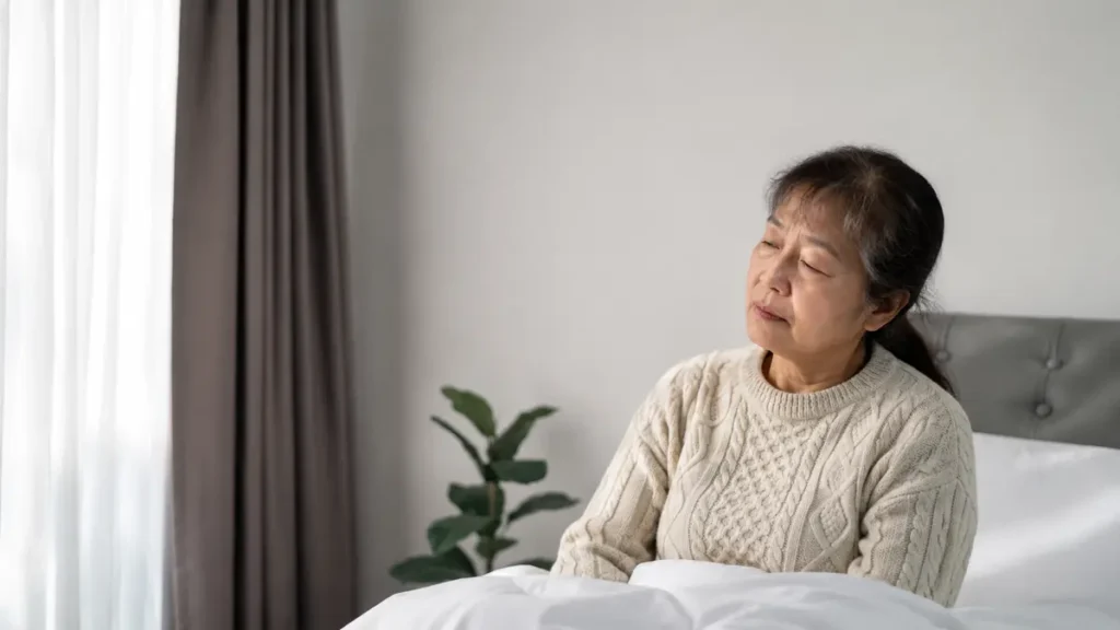Older woman sitting up in bed with a heavy, distant expression in the early morning, reflecting the groggy fragmented sleep experience common after age 50.