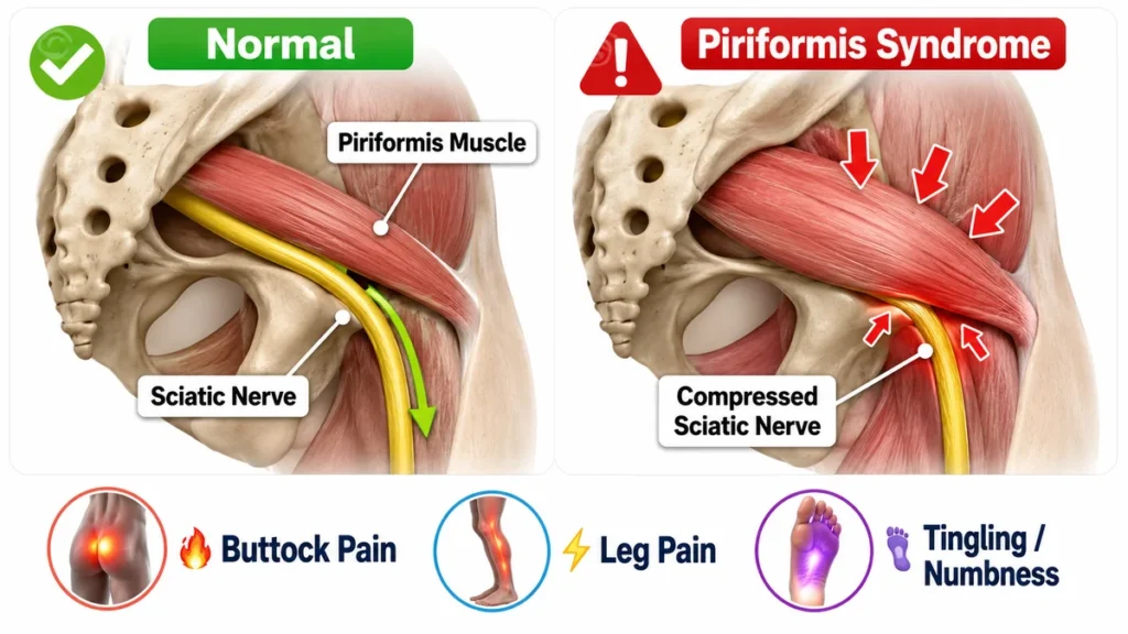 Side-by-side medical diagram comparing normal gluteal anatomy to piriformis syndrome, demonstrating how a swollen hip muscle compresses the sciatic nerve cord, with red arrows highlighting the exact mechanical pinch point.