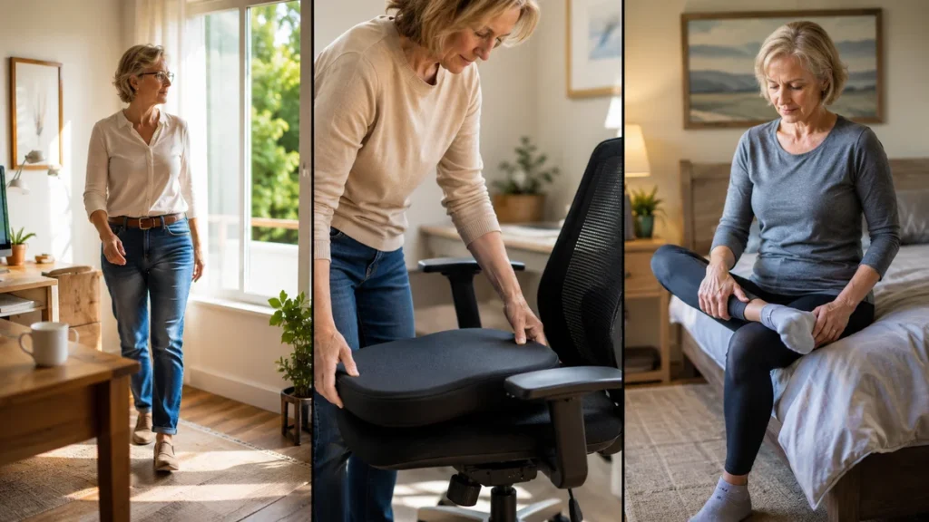 Three-panel photo collage of proactive daily habits showing an adult taking a walking break, placing a firm seat cushion, and performing a seated figure-4 hip stretch, arranged to help readers achieve sciatica relief after 50.
