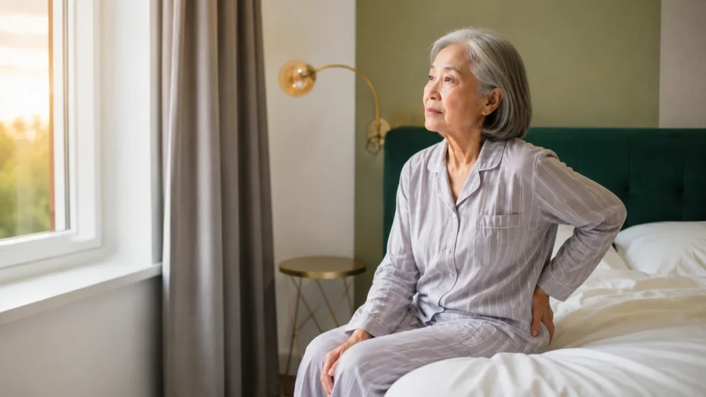 Mature East Asian woman in pajamas sitting on the edge of her bed and holding her stiff lower back while looking out the window at dawn.