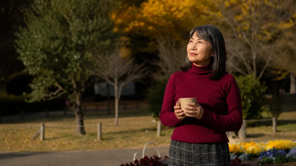 Pensive mature woman pausing in a park with a hot drink while navigating feelings of irrelevance during early retirement.
