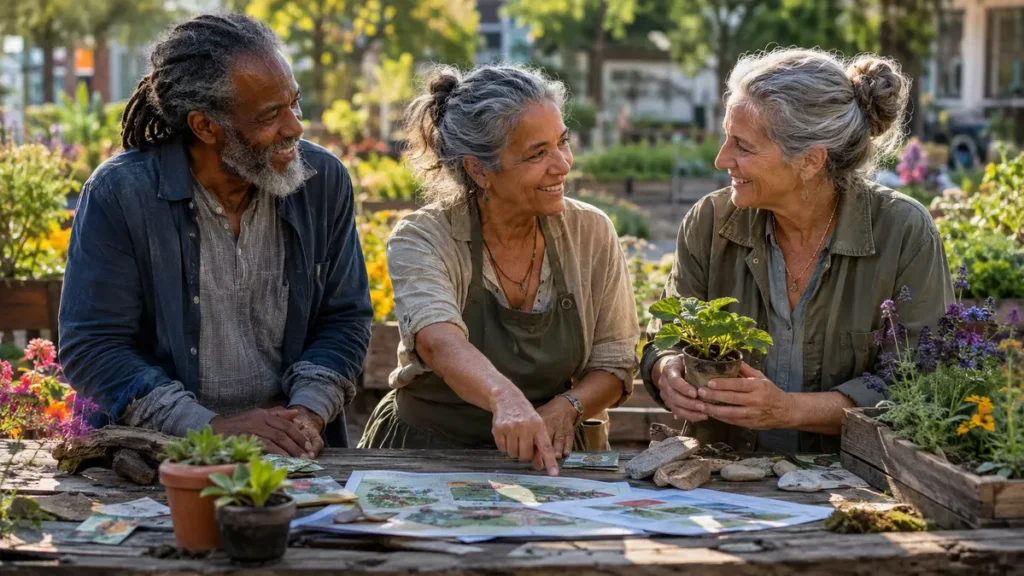 "Diverse group of mature adults collaborating on a community project to build life satisfaction and identity after 50.