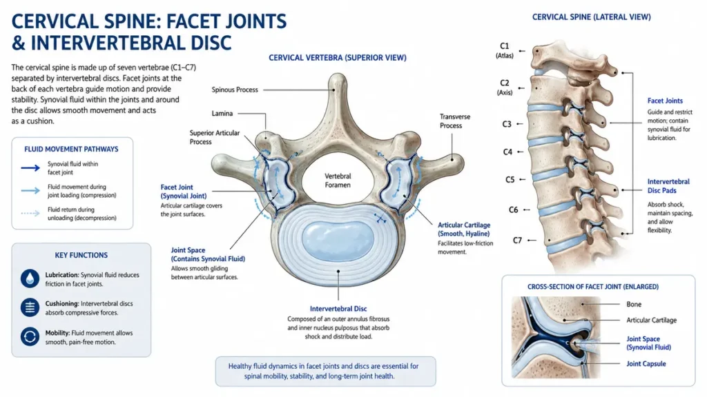 Anatomical diagram of cervical spine facet joints and intervertebral discs demonstrating how fluid movement pathways cycle lubrication through joint spaces, with blue arrows indicating fluid direction during loading and unloading.